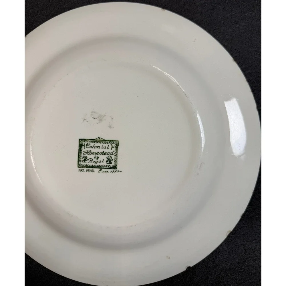 Royal China‎ Colonial Homestead Green Transferware Dinner Plates Set of 2 USA